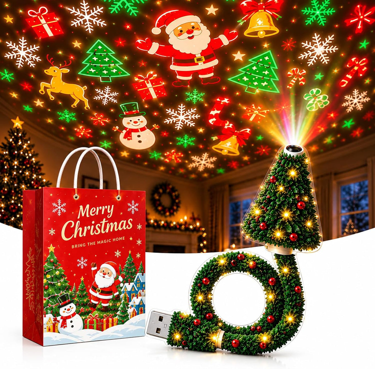 🎅🎅Christmas Projector Light🎅, 🎁USB Mini Christmas Tree with 6+ Holiday Projection Designs🎁