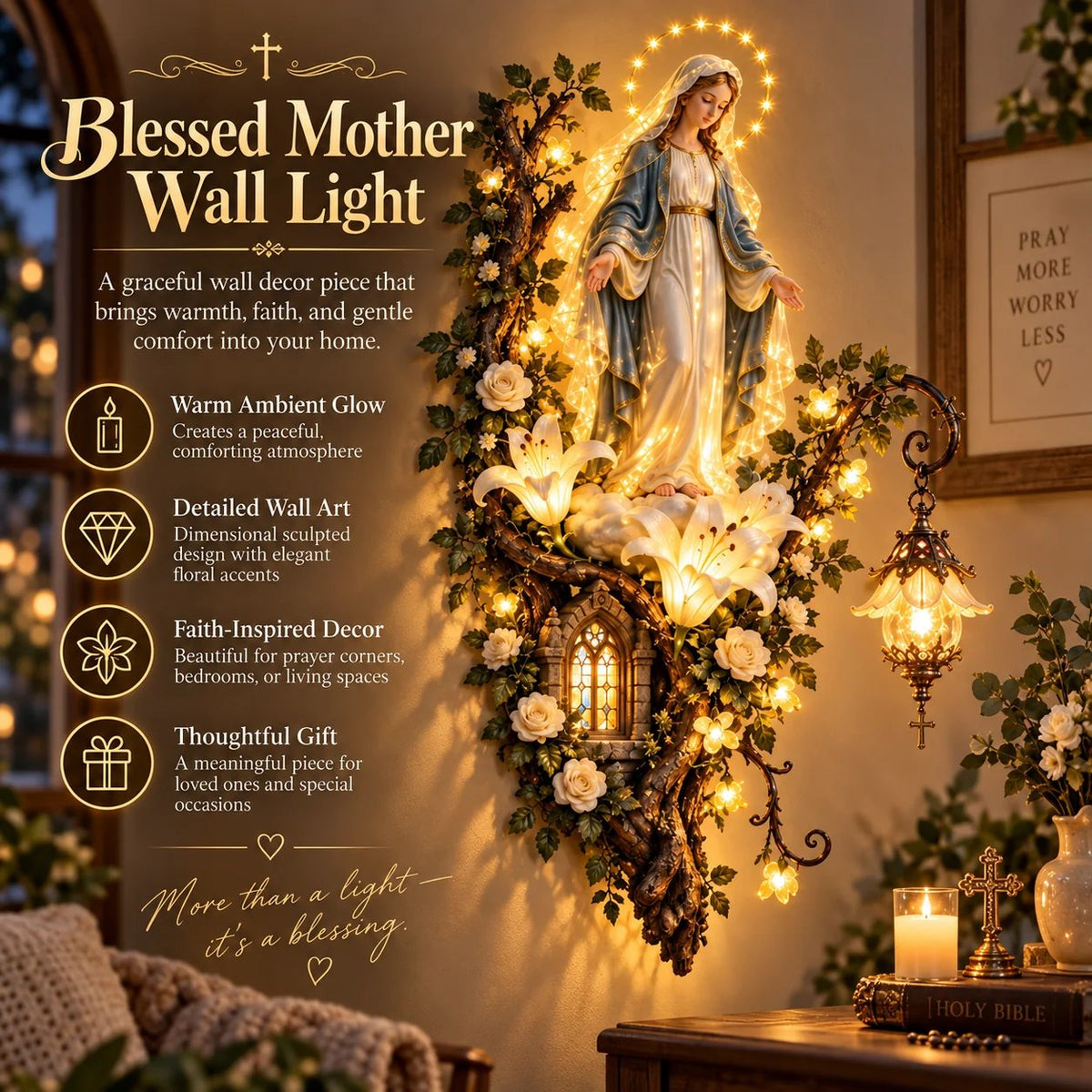 🏡HOT SALE🔥🙏 Blessed Mother Lighted Wall Décor | Virgin Mary 3D Religious Wall Art with Warm Ambient Glow